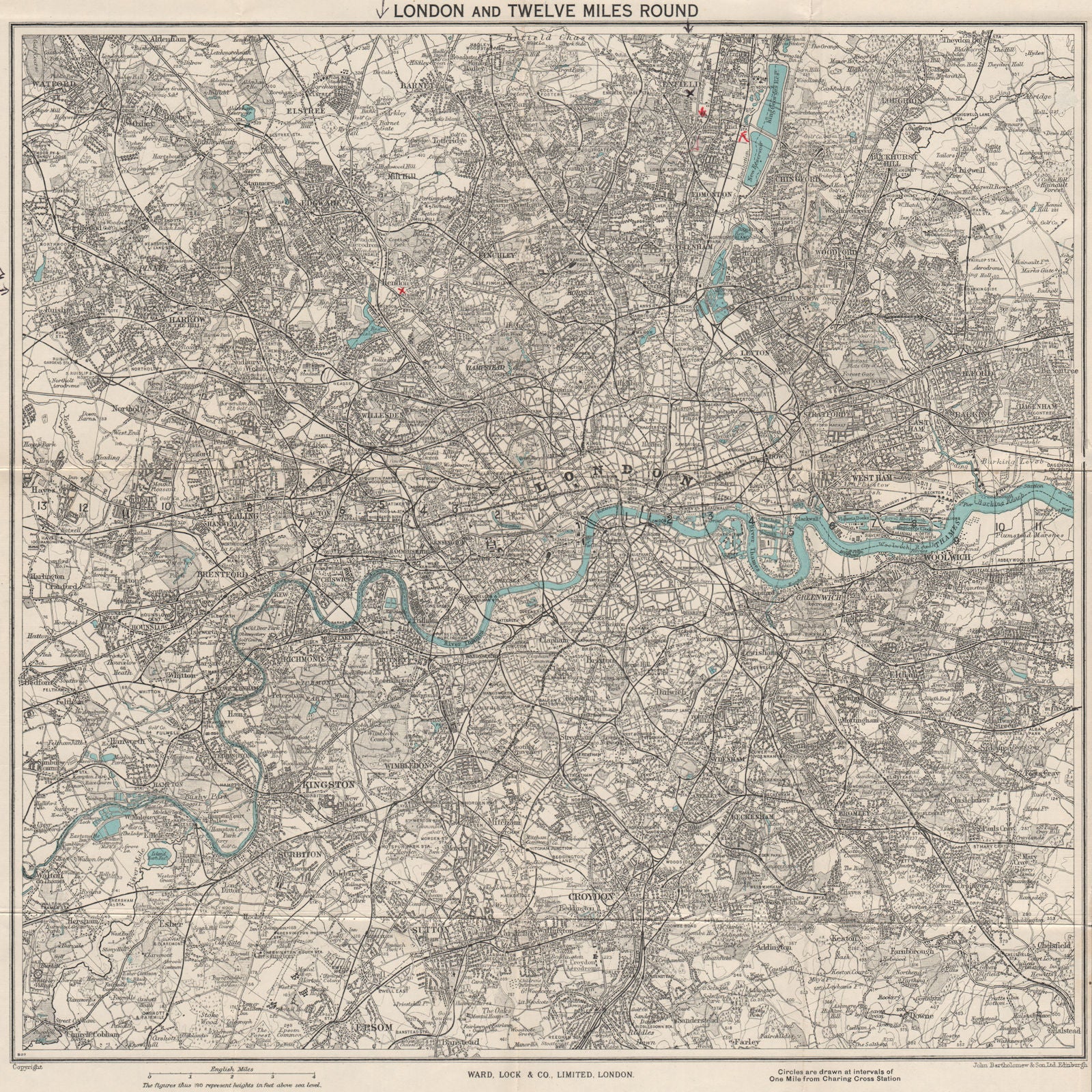 'LONDON AND TWELVE MILES ROUND'. Greater London. WARD LOCK 1951 old map